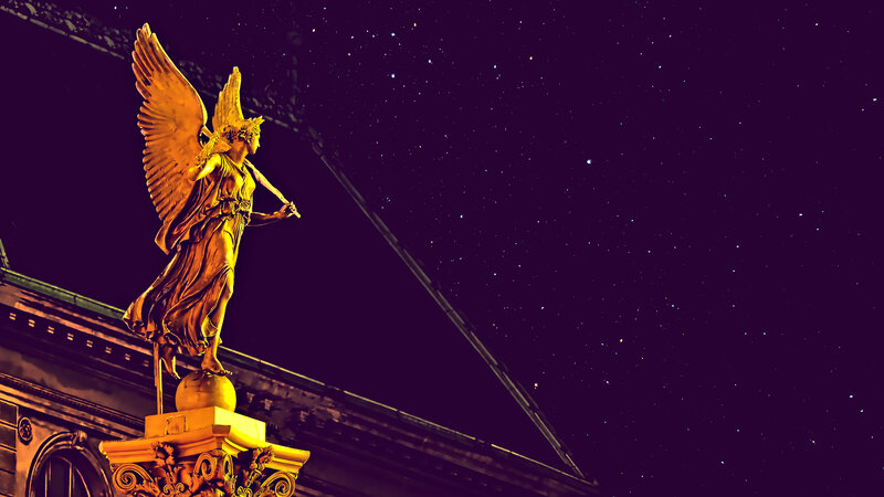 Golden Angel Statue — Gold, Dramatic, Night