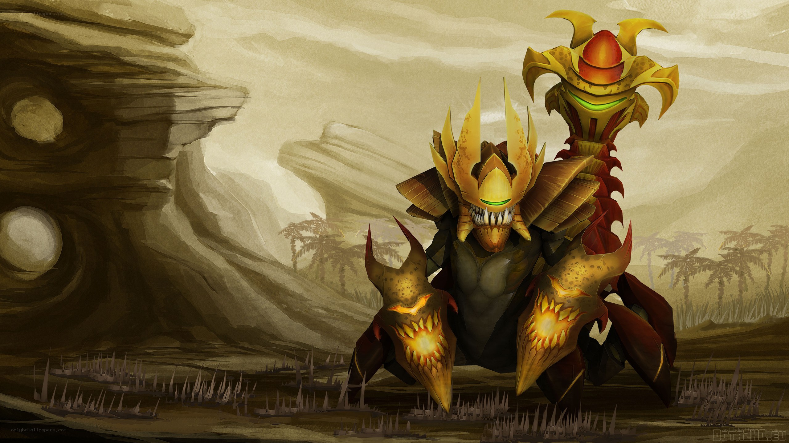 golden armored creatures in desert
