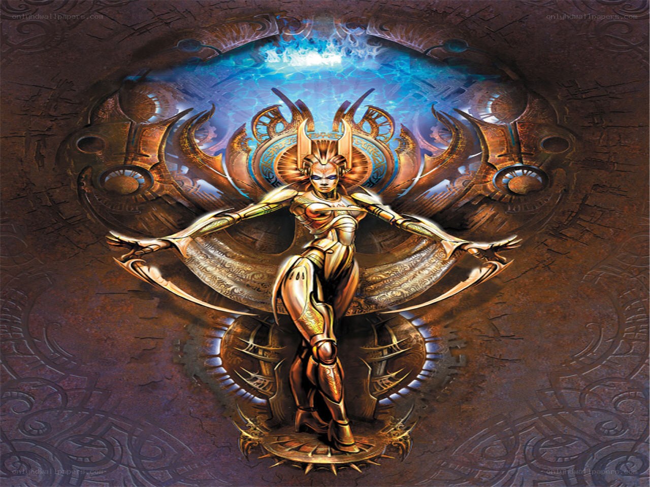 golden armored figure in fantasy setting