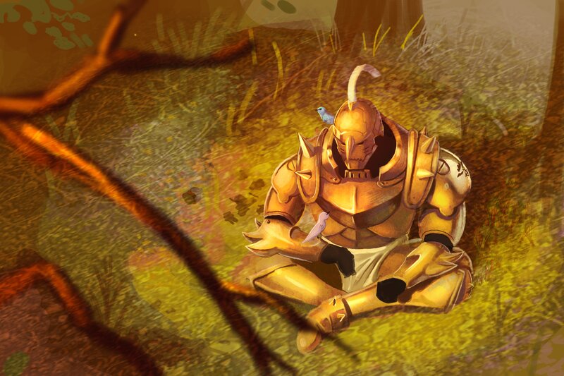 Golden armored figure in forest