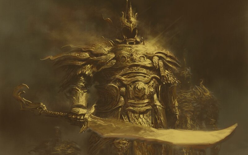 Golden Armored Warrior — Gold, Dramatic, Digital Art, Sword