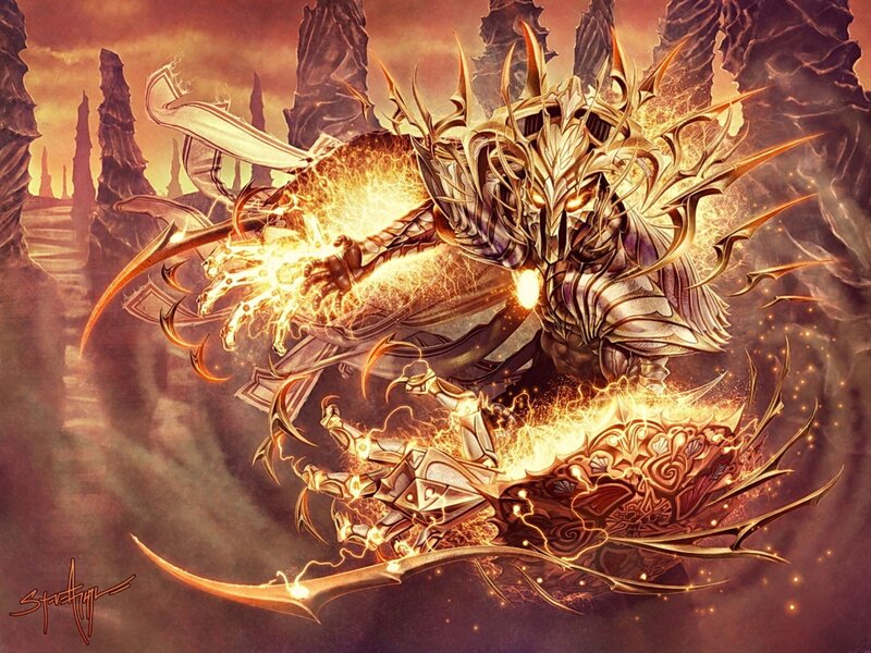 Golden armored warrior in battle