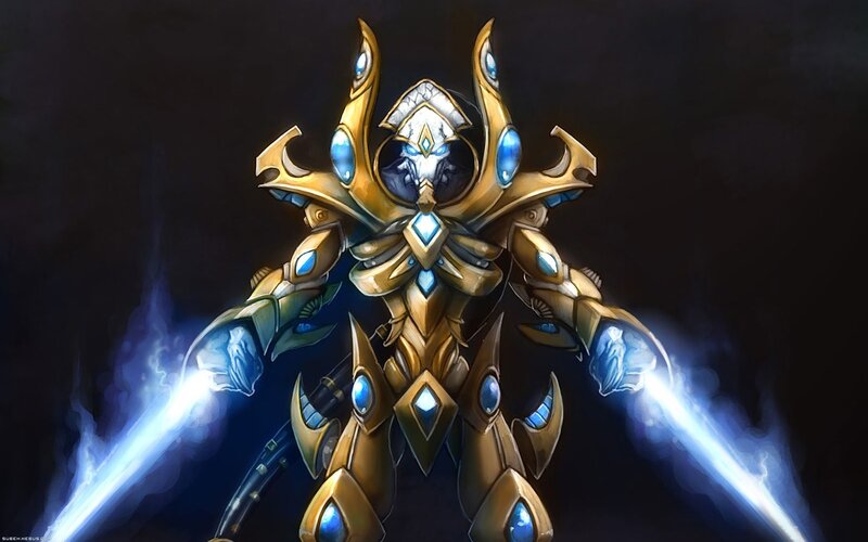 golden armored warrior with energy blades