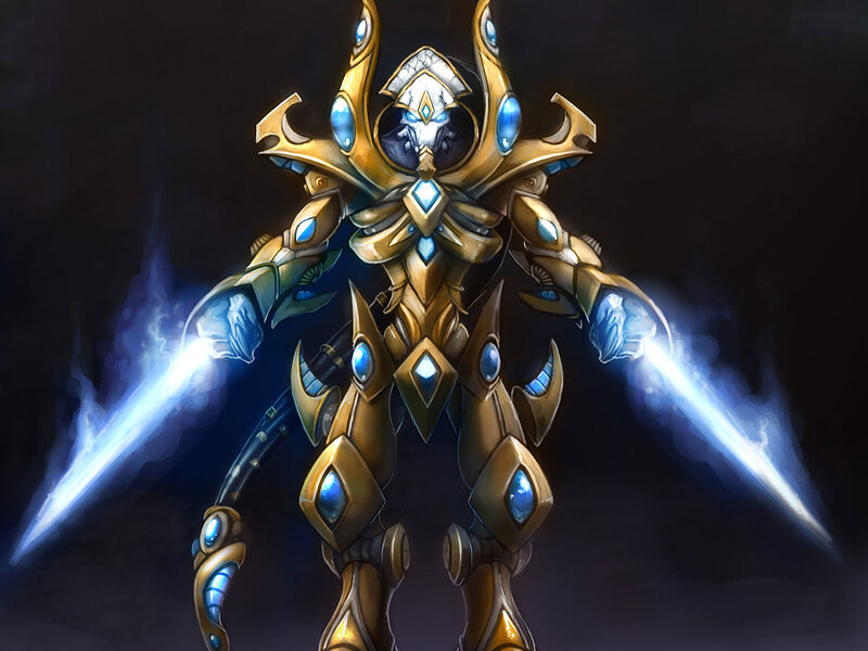golden armored warrior with energy blades