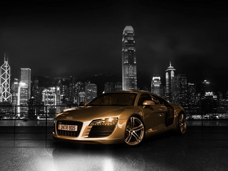 Golden Audi R8 at night