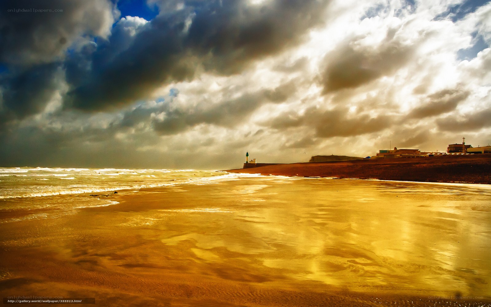 Golden beach under stormy sky
