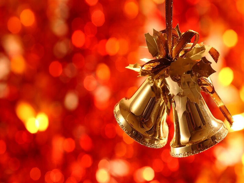 Golden Bells Ornament — Red, Festive, Photograph