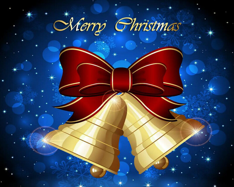Golden Bells with Red Bow — Blue, Festive, Night