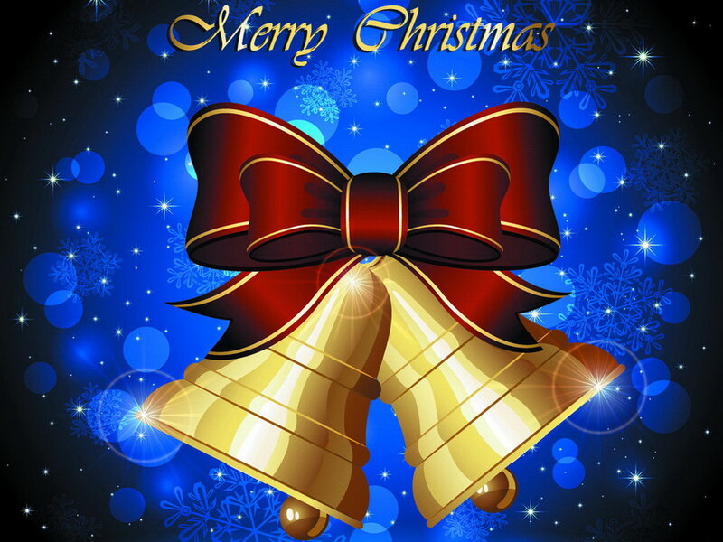 Golden Bells with Red Bow — Blue, Festive