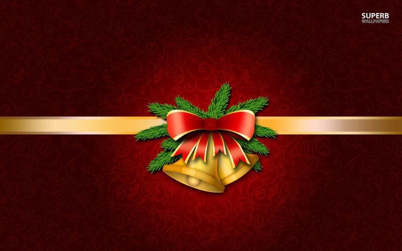 Golden Bells with Red Bow — Festive, Winter, Digital Art, Pine Branches