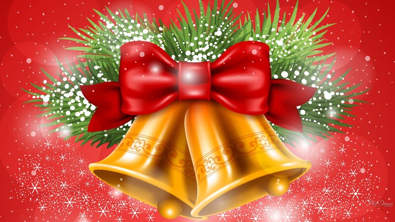 Golden Bells with Red Bow — Festive, Winter, Digital Art
