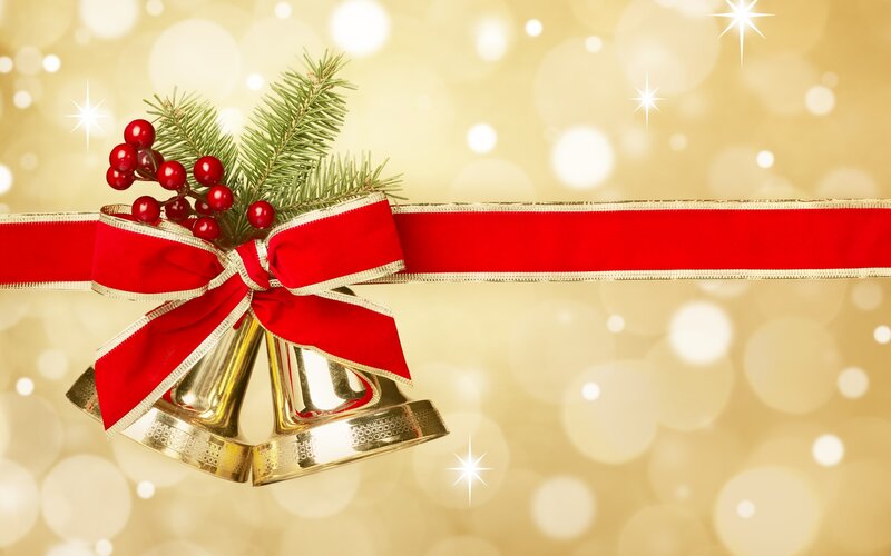 Golden Bells with Red Bow — Festive, Winter, Photograph