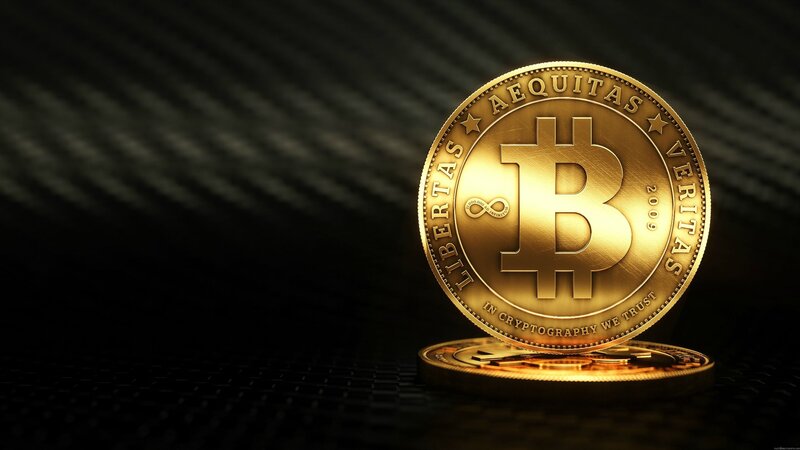 Golden Bitcoin Coin — Gold, Dramatic, 3d Render, Text, Carbon Fiber
