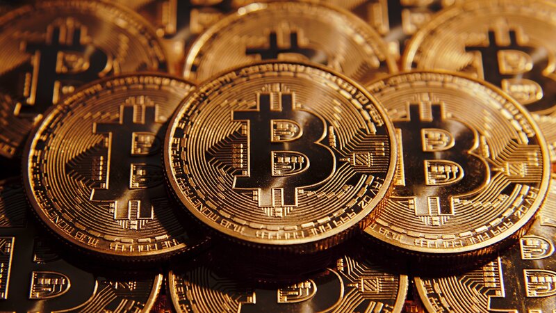 Golden Bitcoin Coins — Gold, Dramatic