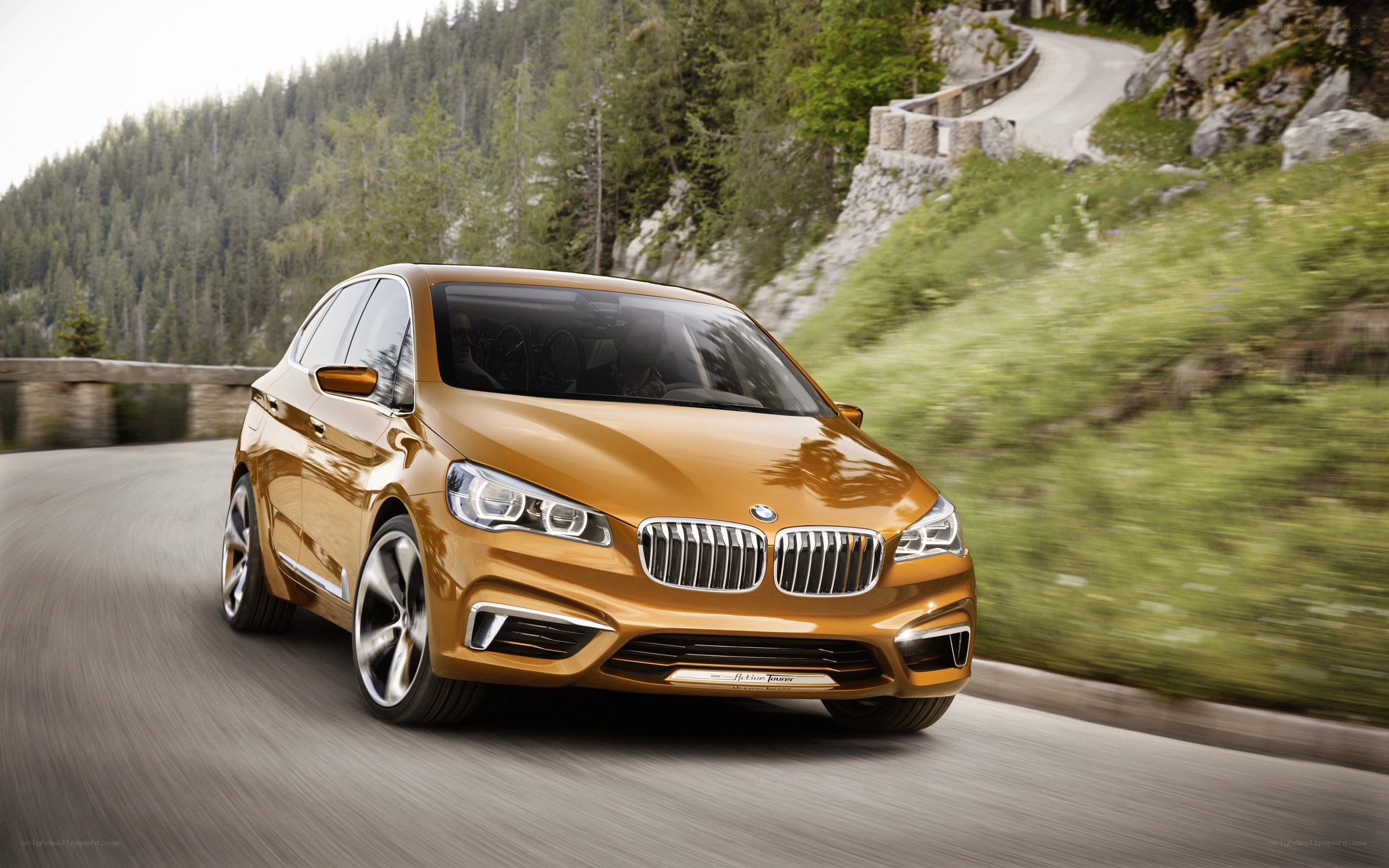 Golden BMW driving on mountain road