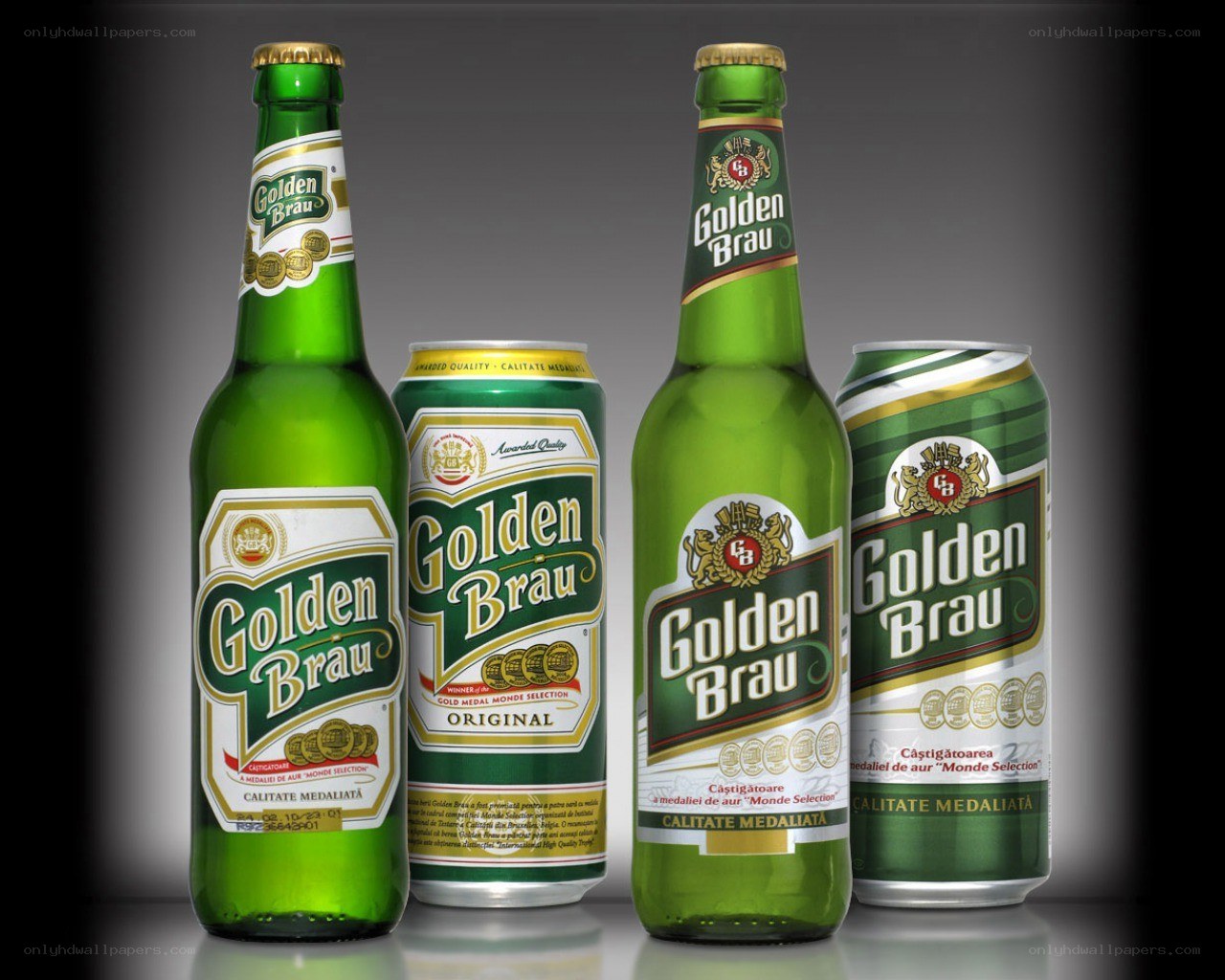 Golden Brau beer bottles and cans