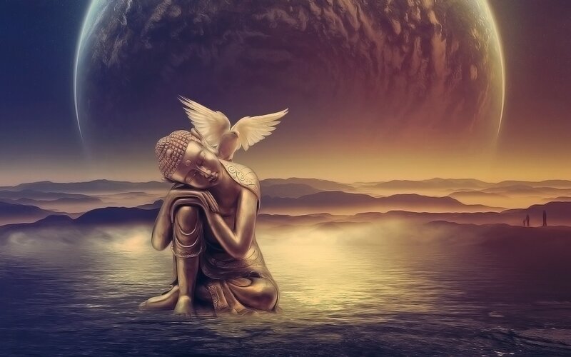 Golden Buddha Statue — Gold, Serene, Sunset, Digital Art, Dove, Planet