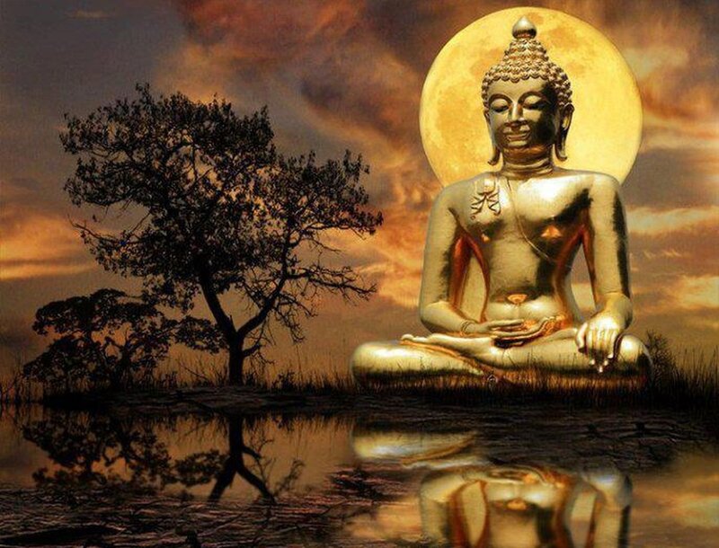 Golden Buddha Statue — Gold, Serene, Sunset