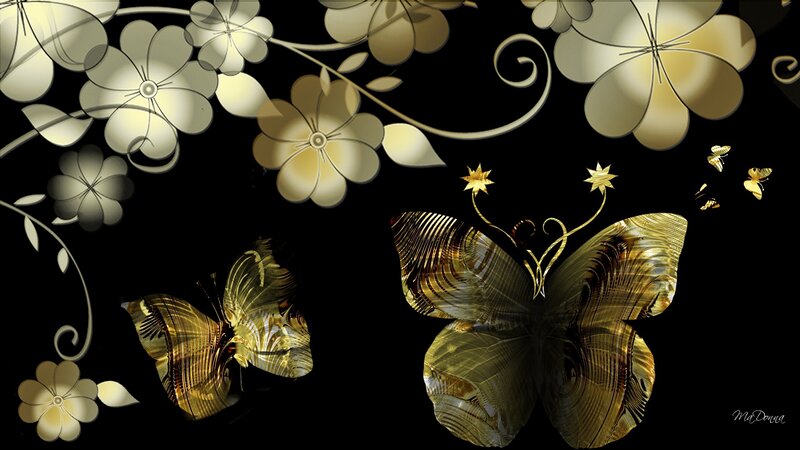 Golden Butterflies and Flowers