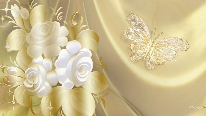 Golden Butterfly and White Roses