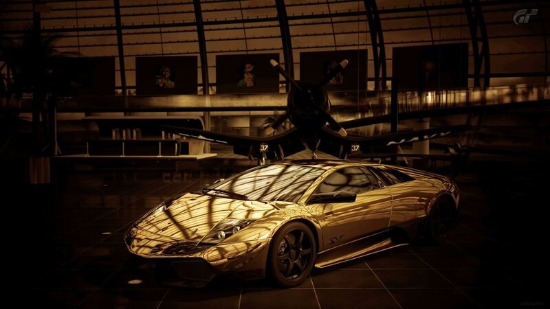 golden car in hangar
