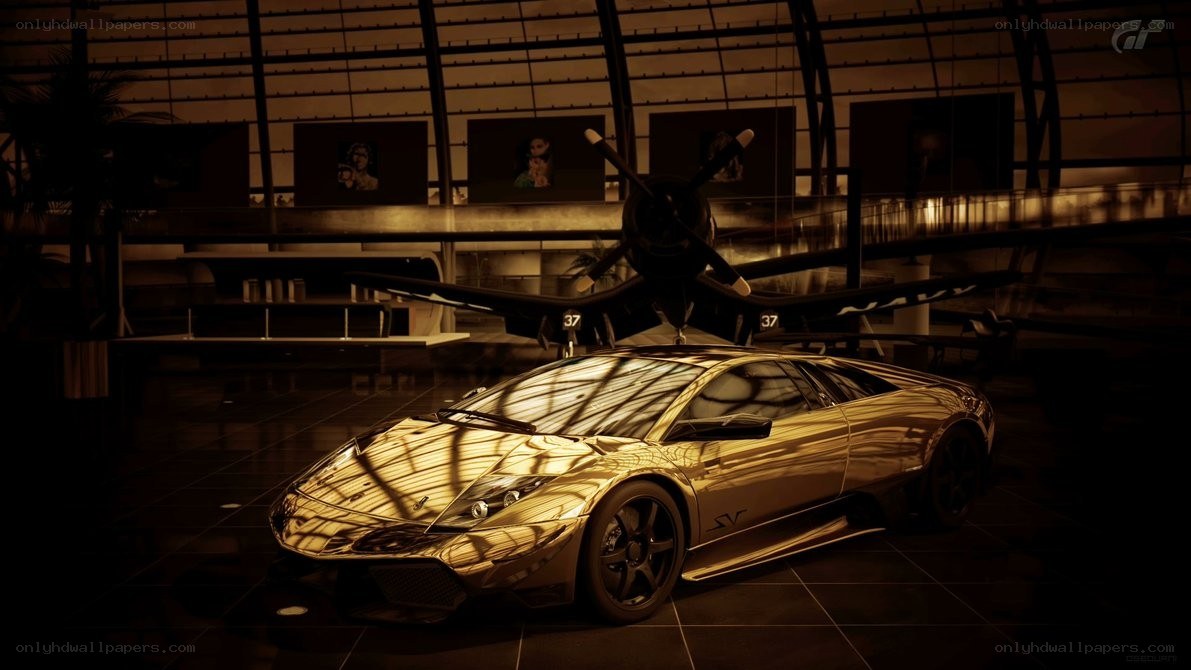 golden car in hangar