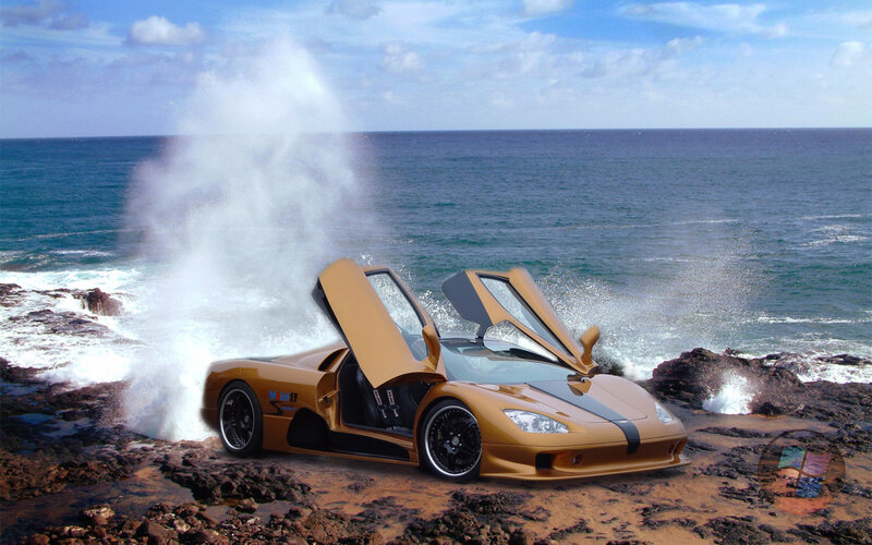 Golden car on rocky shore
