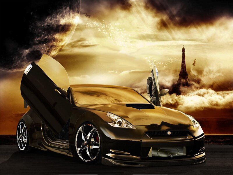 Golden car with Eiffel Tower