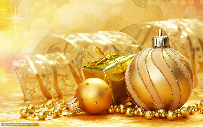 Golden Christmas ornaments and gifts
