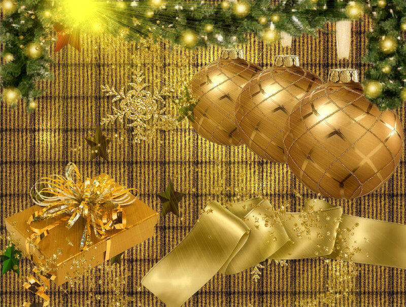Golden Christmas Ornaments — Gold, Festive, Winter, Digital Art