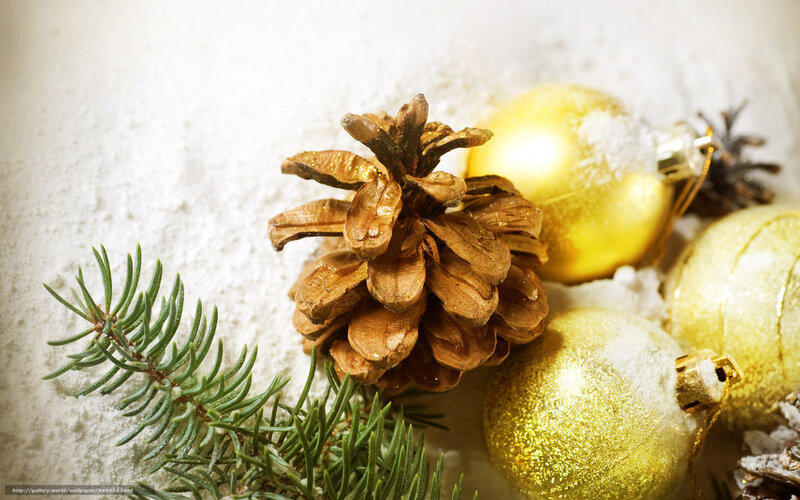 Golden Christmas ornaments in snow