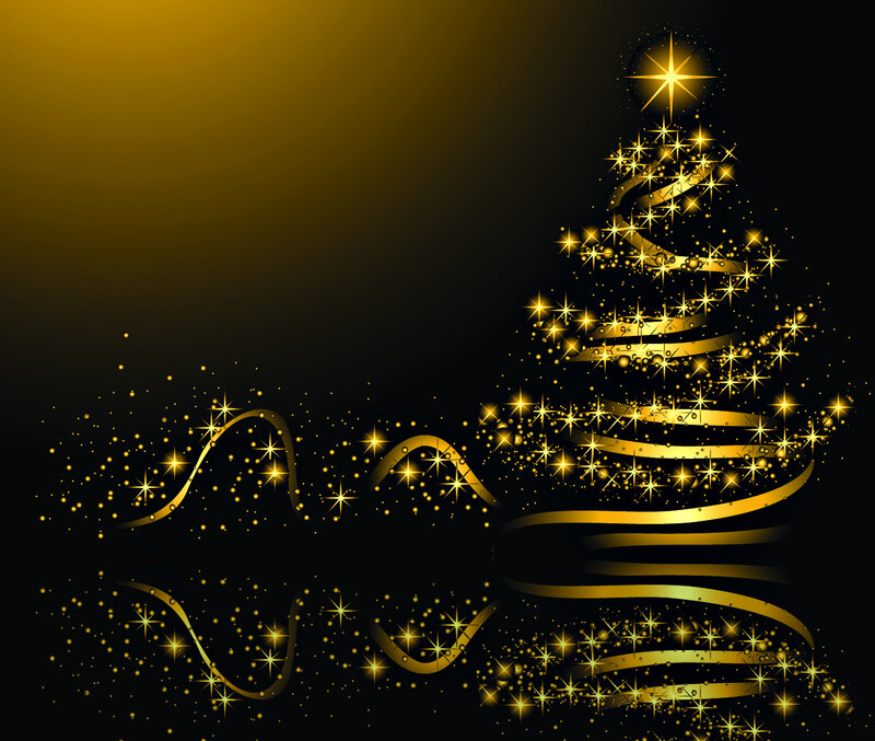 Golden Christmas Tree — Black, Festive, Night, Digital Art