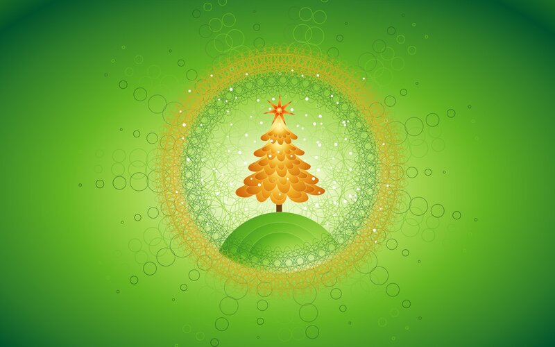 Golden Christmas Tree — Green, Festive, Digital Art, Star, Circle