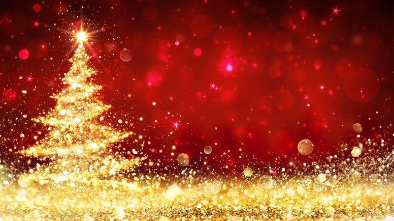Golden Christmas Tree — Red, Festive, Winter, Digital Art