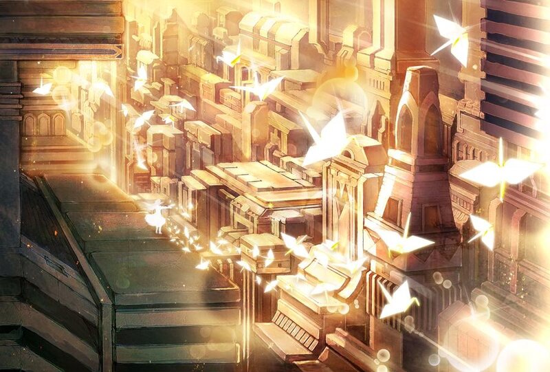 golden city with paper cranes