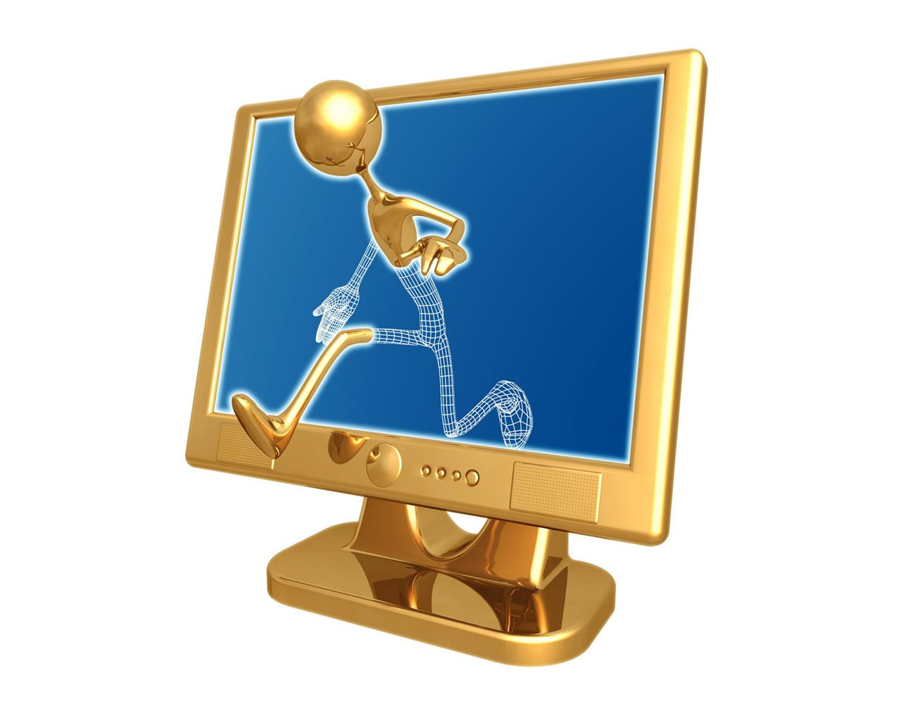 golden computer with running figure
