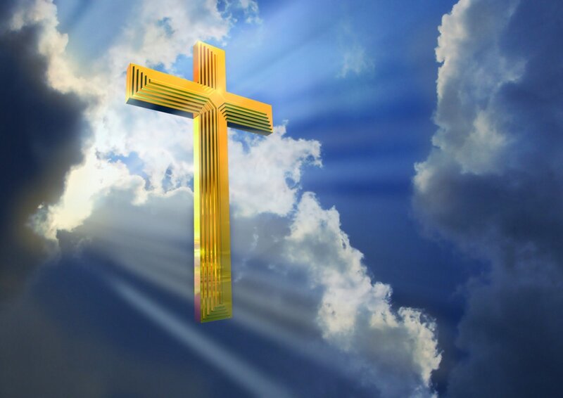 Golden Cross in Sky — Blue, Dramatic, Digital Art
