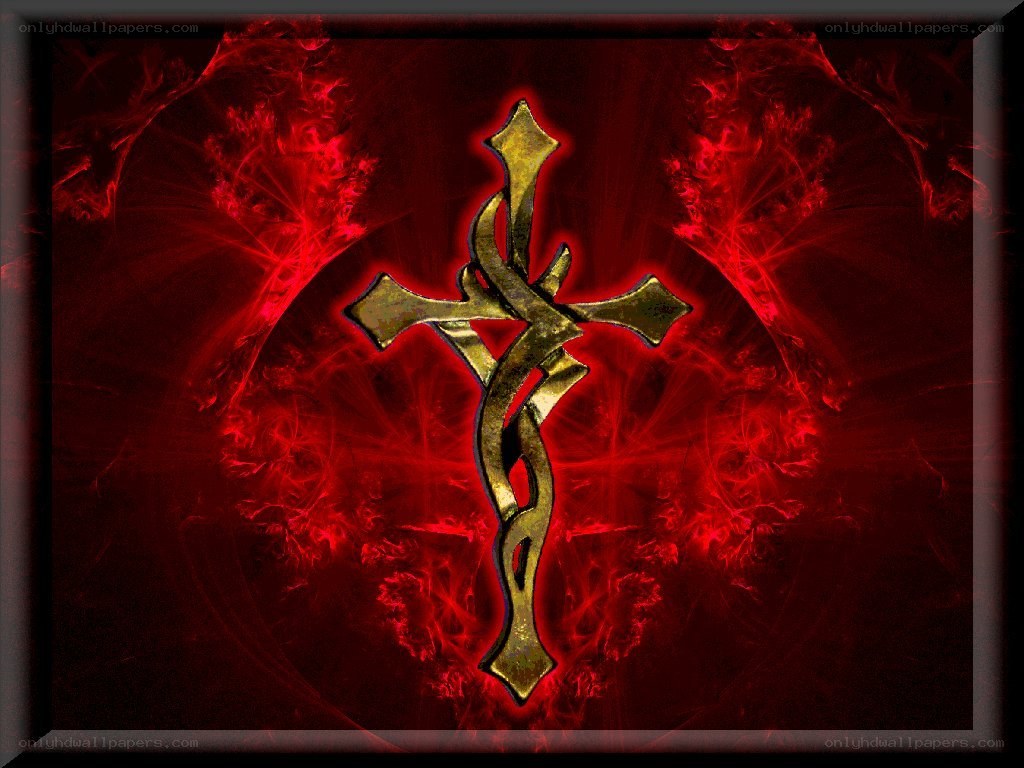 Golden cross on red background