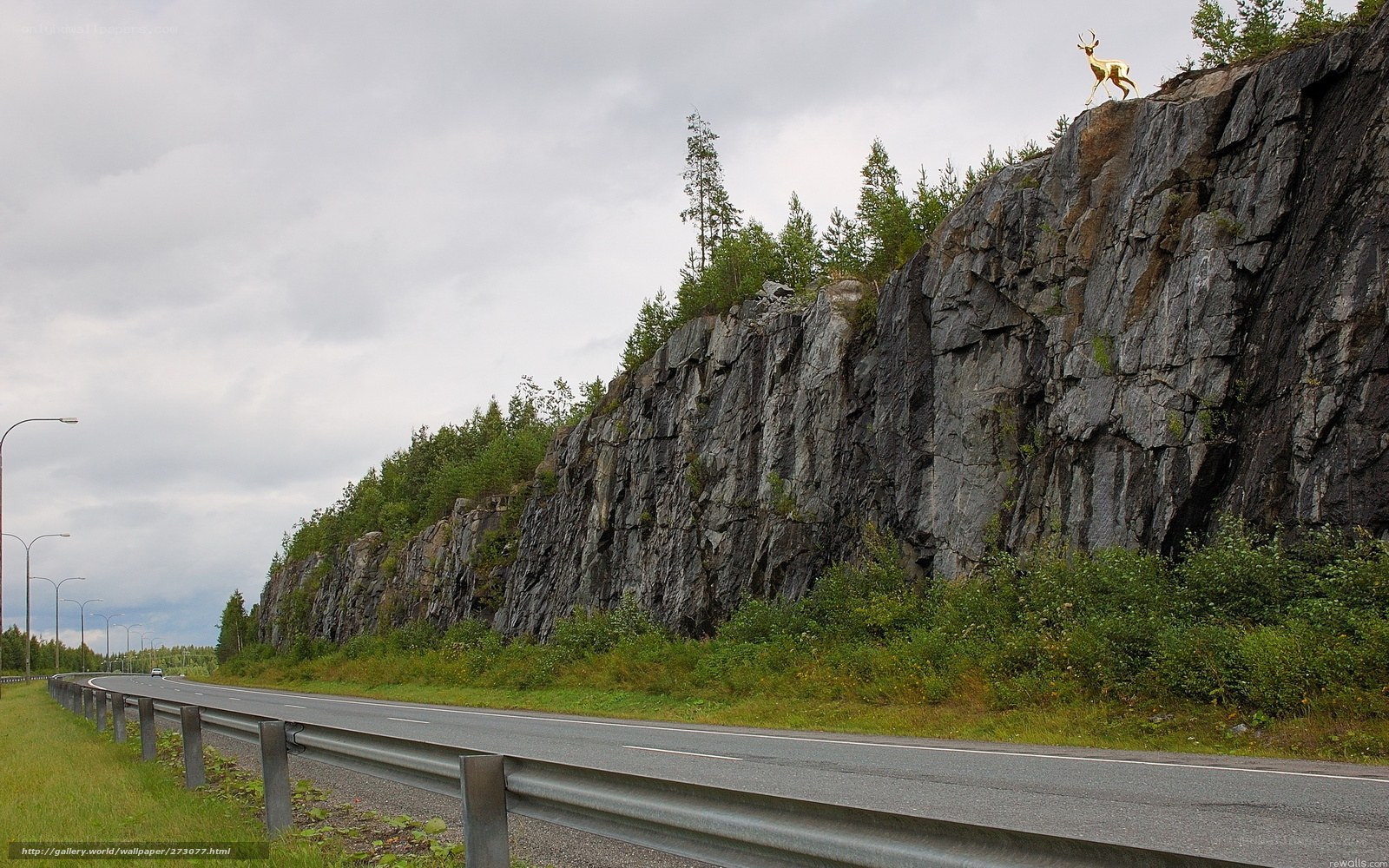 Golden deer statue on cliff