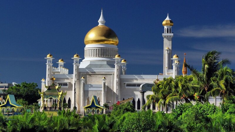 golden-domed mosque with palm trees