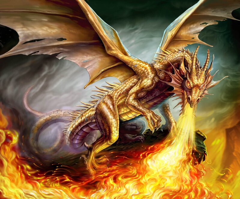 Golden Dragon Breathing Fire — Gold, Dramatic, Digital Art