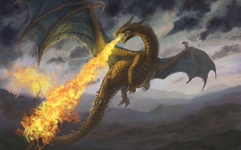 Golden Dragon Breathing Fire — Gold, Dramatic, Sunset, Digital Art