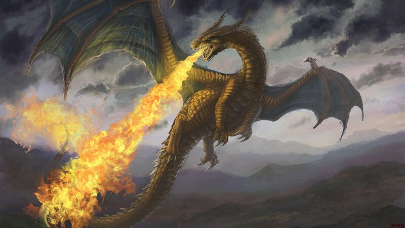 Golden Dragon Breathing Fire — Gold, Dramatic, Sunset