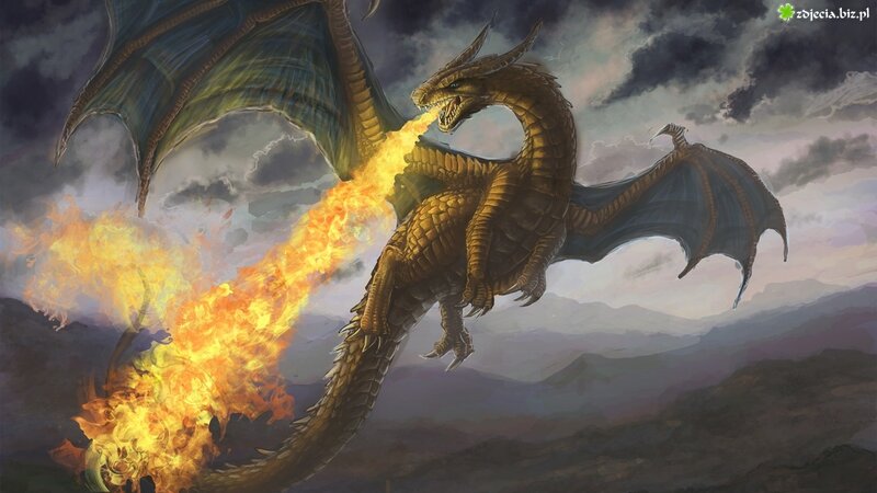 Golden Dragon Breathing Fire — Gold, Dramatic