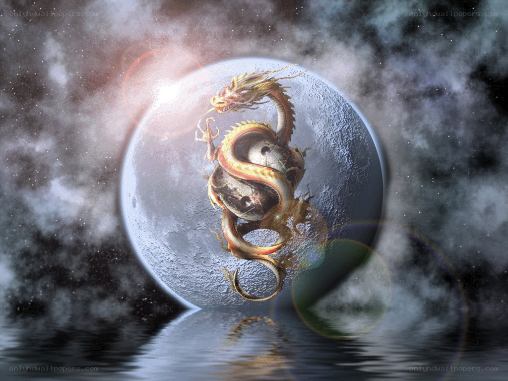 Golden dragon coiled around moon