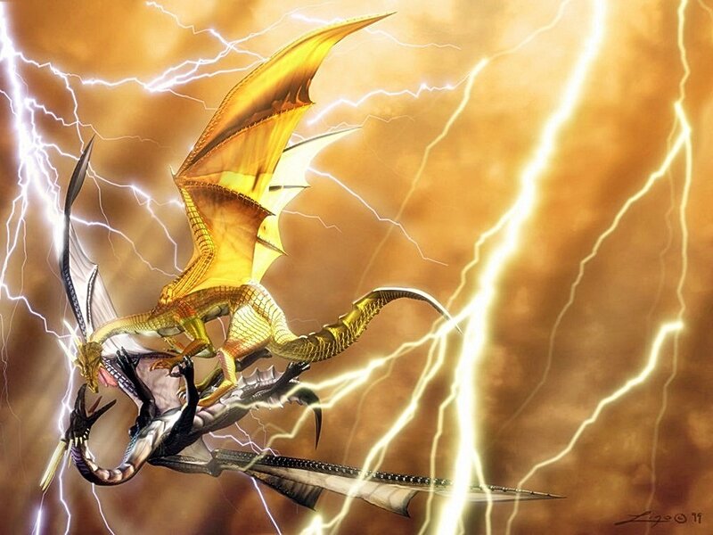 Golden Dragon Fighting Black Dragon — Gold, Dramatic, Digital Art, Lightning, Storm, Wings