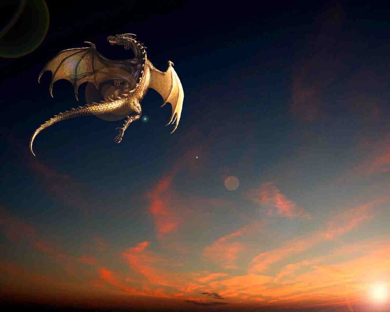 Golden Dragon Flying — Orange, Dramatic, Sunset