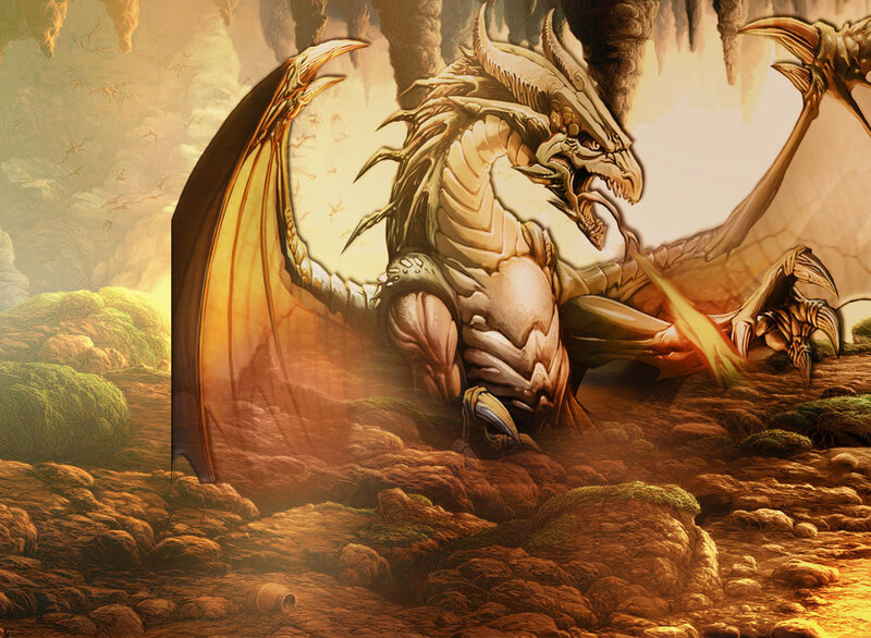Golden Dragon in Cave — Gold