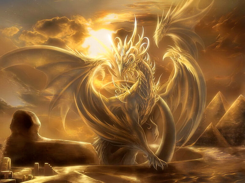 Golden Dragon in Desert — Gold, Dramatic