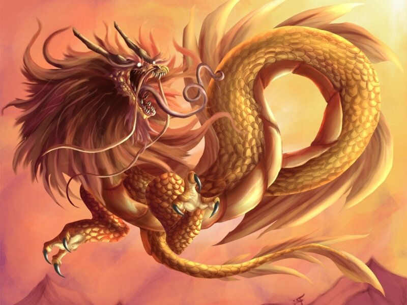 Golden Dragon in Flight — Gold, Dramatic, Sunset